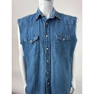 Vintage Wrangler Sleeveless Denim Shirt Vest With Snap Buttons & Frayed Edges